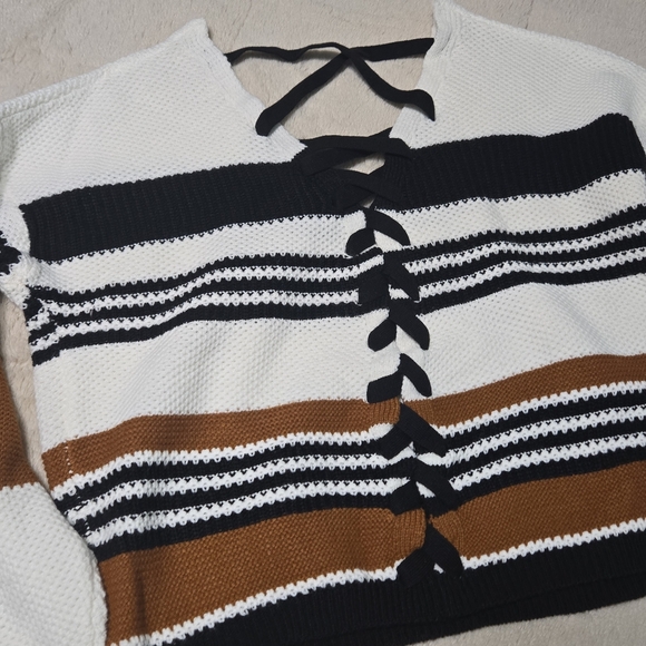 Full Circle Striped Sweater lace up back terracotta ut burnt orange sweater, L - Picture 6 of 13